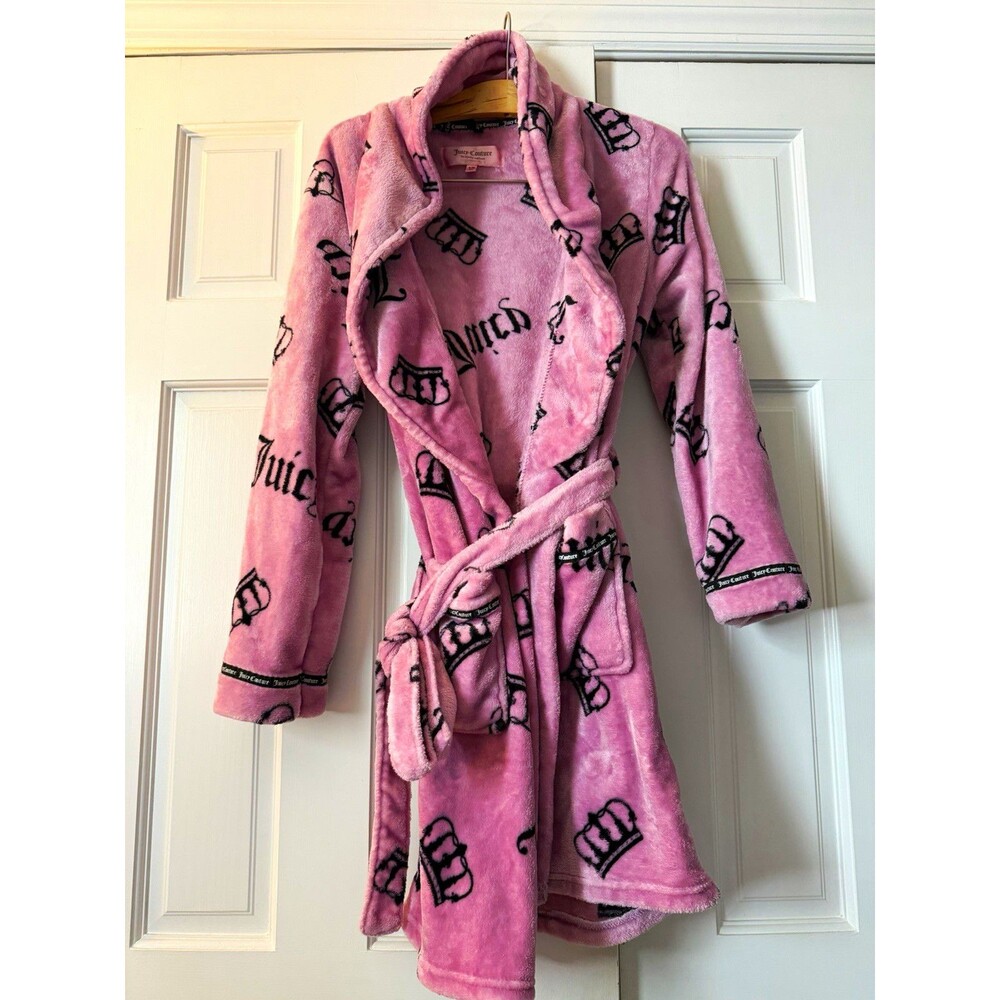 Juicy Couture Pink Plush Robe Crown & Gothic Logo Print Sleepwear Women's S/M